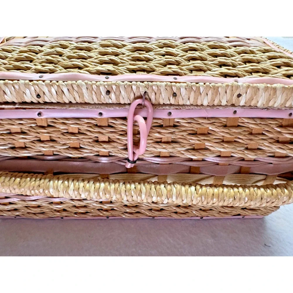 Woven Vanity Jewelry Box Pink Trim Satin Lined Hinged Basket Vintage Storage